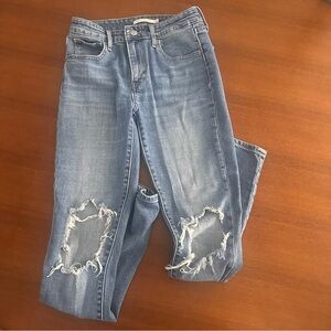 Levi's 721 High Rise Blue Distressed Skinny Jeans Ripped Knees Size 26